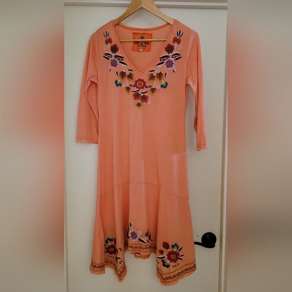 JWLA Johnny Was Floral Embroidered Jersey Knit Dress Handkerchief hem